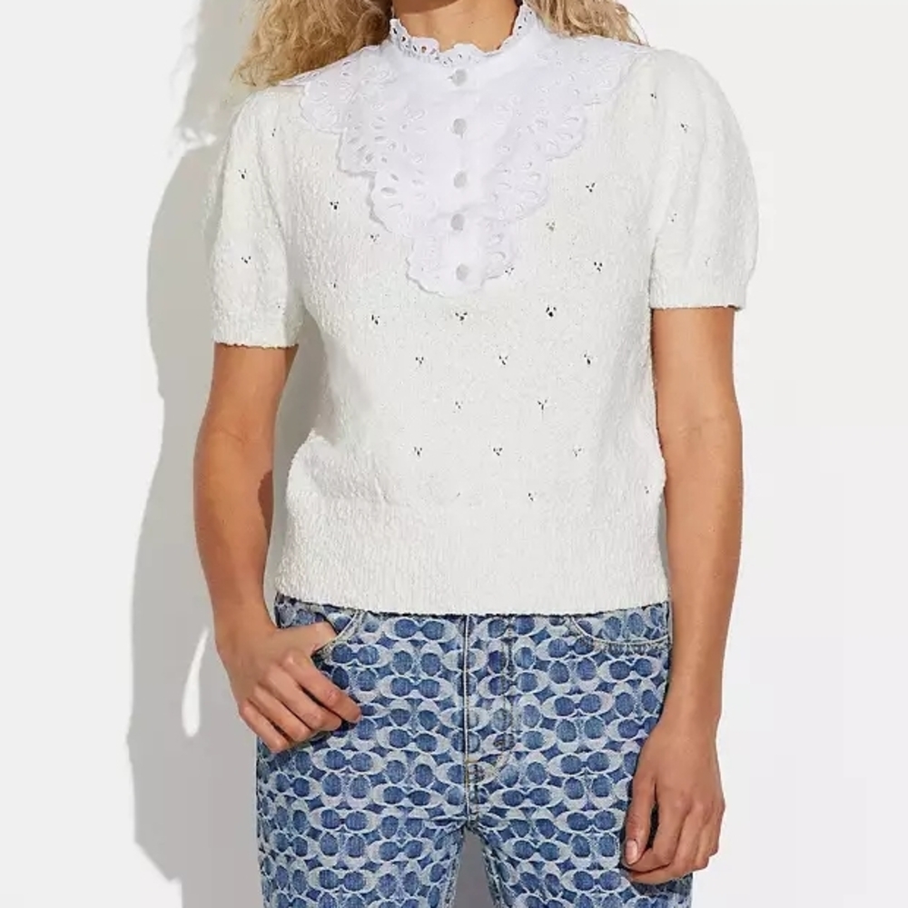 COACH Broderie Anglaise Puff Sleeve Top white New